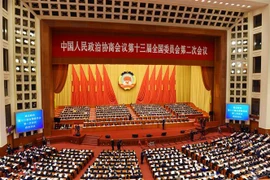 Các đại biểu thông qua Nghị quyết chính trị của Ủy ban Chính Hiệp Toàn quốc Khóa XIII. (Ảnh: Vĩnh Hà/TTXVN)