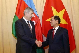Thứ trưởng Thường trực Bộ Ngoại giao Bùi Thanh Sơn và Thứ trưởng Bộ Ngoại giao Azerbaijan Ramiz Ayvaz oglu Hasanov tại buổi tham vấn. (Ảnh: Văn Điệp/TTXVN)