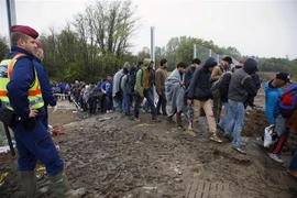 Người di cư băng qua biên giới Hungary-Croatia, gần làng Zakany (Hungary) để tiến về phía bắc. (Ảnh: AFP/TTXVN)