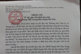 Thông cáo báo chí Sở Giáo dục và Đào tạo tỉnh An Giang phát đi ngày 1/3. (Ảnh: Công Mạo/TTXVN)