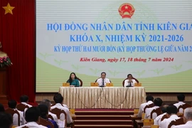 Quang cảnh Kỳ họp thứ 24 (kỳ họp thường lệ giữa năm) của Hội đồng Nhân dân tỉnh Kiên Giang khóa X, nhiệm kỳ 2021-2026. (Ảnh: Lê Huy Hải/TTXVN)