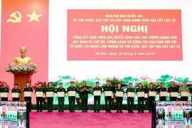 Thượng tướng Võ Minh Lương trao Bằng khen tặng các tập thể có thành tích xuất sắc trong chỉ đạo, triển khai thực hiện các chế độ, chính sách và công tác bảo đảm làm nhiệm vụ tìm kiếm quy tập hài cốt liệt sỹ. (Ảnh: Hồng Pha/TTXVN phát)