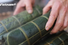 Bánh chưng dài tại làng nghề gói bánh chưng Bờ Đậu (Ảnh: Lâm Phan/Vietnam+)