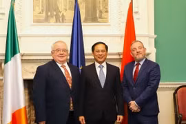 Chủ tịch Thượng viện Jerry Buttimer và Chủ tịch Hạ viện Seán Ó Fearghaíl cùng chụp ảnh với Bộ trưởng Ngoại giao Bùi Thanh Sơn tại buổi gặp. (Ảnh: Phong Hà/TTXVN)