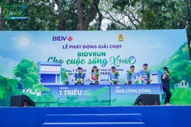 Nghi thức phát động chương trình Một triệu cây xanh và xây nhà cộng đồng tránh lũ. (Ảnh: Vietnam+)