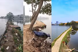 Bờ kè chia ngăn mặt nước Hồ Tây với hồ Thủy Sứ, vào các thời điểm trước, trong và sau quá trình triển khai chỉnh trang. (Ảnh: PV/Vietnam+)