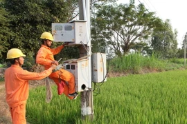 Công nhân Công ty Điện lực An Giang (Tổng Công ty Điện lực miền Nam) vận hành cấp điện cho các hộ dân khu vực nông thôn Châu Đốc. (Ảnh: Ngọc Hà/TTXVN)