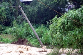 Đường cấp điện cho xã Thanh Hưng (huyện Điện Biên) không thể trụ vững do mưa lũ. (Ảnh: Chu Quốc Hùng/TTXVN)