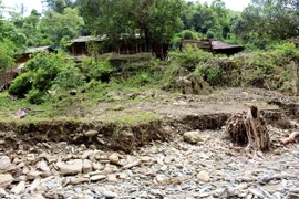 Đêm 24/6 vừa qua khi mưa to nước lũ tràn về đã gây sạt lở một số điểm của bản Pá Sập. (Ảnh: Công Tuyên/TTXVN)