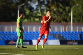 Tiến Linh lập cú hat-trick vào lưới U22 Lào. (Ảnh: Vietnam+)