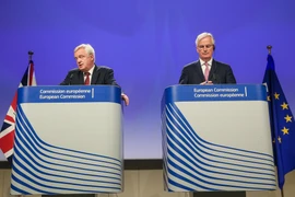 Bộ trưởng phụ trách Brexit của Anh David Davis (trái) và Trưởng đoàn đàm phán của Liên minh châu Âu Michel Barnier tại cuộc họp báo ở Brussels (Bỉ) ngày 20/7. (Nguồn: EPA/TTXVN)