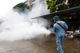 Nhân viên trung tâm Y tế dự phòng Hà Nội phun thuốc muỗi trên diện rộng tại địa bàn phường Láng Hạ. (Ảnh: Thành Đạt/TTXVN)