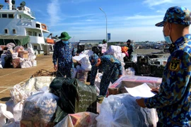 Lực lượng chiến sỹ Vùng 2 Hải quân bốc xếp hàng hóa xuống tàu Trường Sa 19 và Trường Sa 10 tại Quân cảng Lữ đoàn 171 (thành phố Vũng Tàu). (Ảnh: TTXVN)