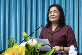 Quyền Bí thư Tỉnh ủy Bến Tre Hồ Thị Hoàng Yến phát biểu tại hội nghị. (Ảnh: Huỳnh Phúc Hậu/TTXVN)