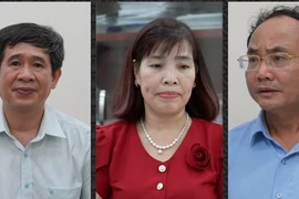 Từ phải qua trái, các bị can Trần Văn Thành, Đinh Thị Ngọc Hoa, Trịnh Ngọc Thủy. (Nguồn: Báo Chính Phủ)