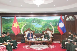 Bộ trưởng Bộ Quốc phòng Lào Khamlieng Uthakaysone tiếp Đoàn Đại sứ quán Việt Nam. (Ảnh: Xuân Tú/TTXVN)