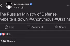 Nhóm tin tặc Anonymous tuyên bố đánh sập trang web Bộ Quốc phòng Nga. (Ảnh: FACEBOOK)