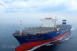 Tàu chở container siêu lớn trọng tải 14.800 TEU chạy bằng nhiên liệu khí đốt hóa lỏng (LNG). (Ảnh: Yonhap/TTXVN)