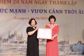 Chủ tịch Hội Phụ nữ Việt Nam tại Hungary, Tiến sỹ Phan Bích Thiện vinh dự nhận Bằng khen của Bộ trưởng Bộ Ngoại giao Việt Nam. (Ảnh: TTXVN)