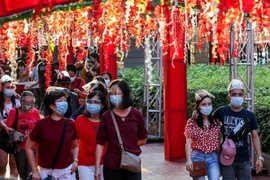 Người dân đeo khẩu trang phòng lây nhiễm COVID-19 trong kỳ nghỉ lễ Nguyên đán. (Ảnh: THX/ TTXVN)