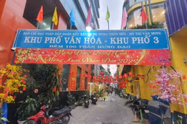 Khu phố 3, hẻm 100 đường Trần Hưng Đạo (Quận 1), nổi bật với nền tường màu vàng kèm các tiểu cảnh tranh trí Tết. (Ảnh: Thu Hương/TTXVN) 