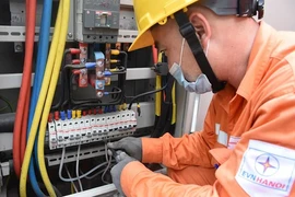 Nhân viên EVNHANOI kiểm tra tình trạng vận hành của thiết bị điện. (Ảnh: PV/Vietnam+)