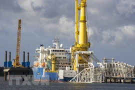 Tàu Akademik Cherskiy của Nga tham gia lắp đặt đường ống dẫn khí đốt của dự án "Dòng chảy phương Bắc 2" neo tại cảng Mukran, gần Sassnitz, Đông Bắc Đức ngày 7/9/2020. (Ảnh: AFP/TTXVN) 