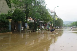 Người dân dọn dẹp vệ sinh trên đường An Dương Vương, thành phố Lào Cai. (Ảnh: Hồng Ninh/TTXVN)