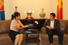 Đại sứ-Trưởng Phái đoàn đại diện thường trực Việt Nam tại ASEAN Nguyễn Hải Bằng trao đổi với phóng viên TTXVN. (Ảnh: Hữu Chiến)