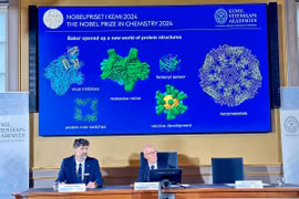 Lễ công bố giải Nobel Hóa học năm 2024 tại Viện Hàn lâm Khoa học Hoàng gia Thụy Điển ở Stockholm, ngày 9/10/2024. (Ảnh: AA/TTXVN)