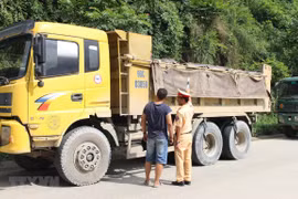 Cảnh sát giao thông kiểm tra các phương tiện giao thông. (Ảnh: Lưu Thanh Tuấn/TTXVN) 