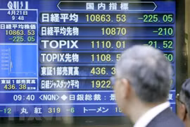 Màn hình hiển thị các chỉ số chứng khoán tại Tokyo, Nhật Bản. (Ảnh: Kyodo/TTXVN) 