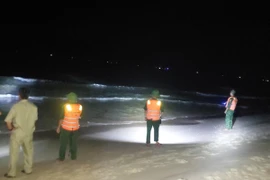 Các lực lượng tìm kiếm nạn nhân bị sóng cuốn trôi. (Ảnh: Báo Biên phòng)