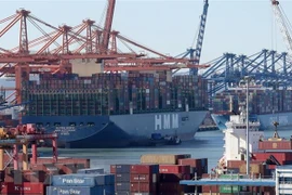 Container hàng hóa được bốc dỡ tại cảng Busan, Hàn Quốc. (Ảnh: Yonhap/TTXVN) 