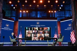 Tổng thống Mỹ được công bố đắc cử Joe Biden (trái) và Phó Tổng thống đắc cử Kamala Harris trong cuộc làm việc trực tuyến với các chuyên gia của Ban cố vấn về công tác phòng dịch COVID-19 tại Wilmington, Delaware ngày 9/11/2020. (Ảnh: AFP/TTXVN)