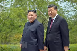 Nhà lãnh đạo Triều Tiên Kim Jong-un (trái) và Chủ tịch Trung Quốc Tập Cận Bình trong cuộc gặp tại Bình Nhưỡng ngày 21/6/2019. (Ảnh: AFP/TTXVN) 