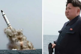Nhà lãnh đạo Triều Tiên Kim Jong Un theo dõi vụ phóng thử tên lửa từ tàu ngầm nước này, ngày 10/5/2015. Ảnh minh họa. (Nguồn: Reuter/TTXVN)