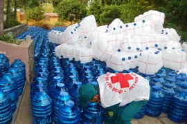 Trung ương Hội Chữ thập đỏ Việt Nam tặng bình nước lọc và can nhựa cho người nghèo bị ảnh hưởng do xâm nhập mặn. (Ảnh: Văn Trí/TTXVN)