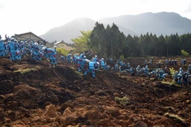 Lực lượng cứu hộ tìm kiếm các nạn nhân động đất tại Minami-Aso, Kumamoto ngày 17/4. (Nguồn: AFP/TTXVN)