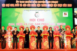 Các đại biểu cắt băng khai mạc Hội chợ. (Ảnh: Đồng Thúy/TTXVN)