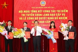 Phó Chánh án Tòa án nhân dân Tối cao Lê Hồng Quang trao Quyết định bổ nhiệm lãnh đạo cấp vụ của Tòa án nhân dân Tối cao. (Ảnh: Nguyễn Dân/TTXVN)
