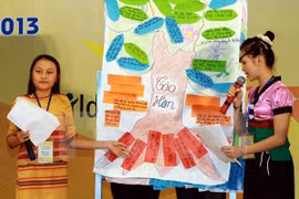 Trẻ em gái nói về việc phòng chống tình trạng tảo hôn và lao động trẻ em. (Ảnh: Nguyễn Thủy/TTXVN)