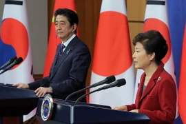 Tổng thống Hàn Quốc Park Geun-hye và Thủ tướng Nhật Bản Shinzo Abe trong cuộc họp báo chung sau cuộc gặp lịch sử tại Seoul ngày 1/11. (Nguồn: Yonhap/TTXVN)