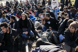 Người di cư từ Liberia, Maroc, Pakistan, Sri Lanka và Sudan tại khu vực Gevgelija ở biên giới Macedonia-Hy Lạp. (Nguồn: AFP/TTXVN)
