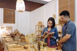 Khách mua sắm sản phẩm thủ công mỹ nghệ tại Hội chợ. (Ảnh: TTXVN phát)