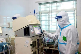 Bác sỹ điều chỉnh chỉ số hệ thống lọc máu cho bệnh nhân COVID-19. (Ảnh: Thanh Vân/TTXVN)