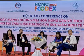 Các chuyên gia chia sẻ thông tin thương mại nông sản và thực phẩm tại hội thảo. (Ảnh: Xuân Anh/TTXVN)
