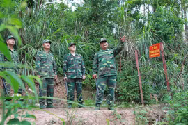 Cán bộ đồn biên phòng Chi Ma, Lạng Sơn tuần tra ngăn chặn hành vi xuất nhập cảnh trái phép trên đường mòn biên giới. (Ảnh: Quang Duy/TTXVN)
