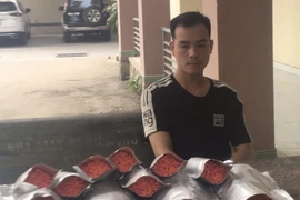 Đối tượng Ngô Mạnh Hoàng cùng tang vật vụ án. (Ảnh: TTXVN phát)