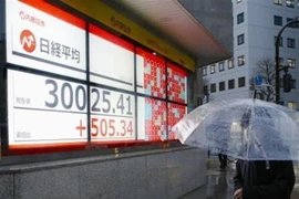 Bảng điện tử chỉ số Nikkei-225 của Nhật Bản tại Tokyo. (Ảnh: Kyodo/TTXVN)